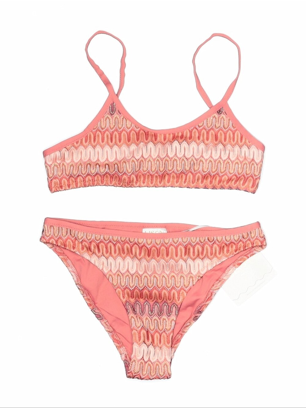 Lison Paris Sunset Coral Two-Piece Swimsuit Bikini Zig Zag Pattern Girls 12 Yrs